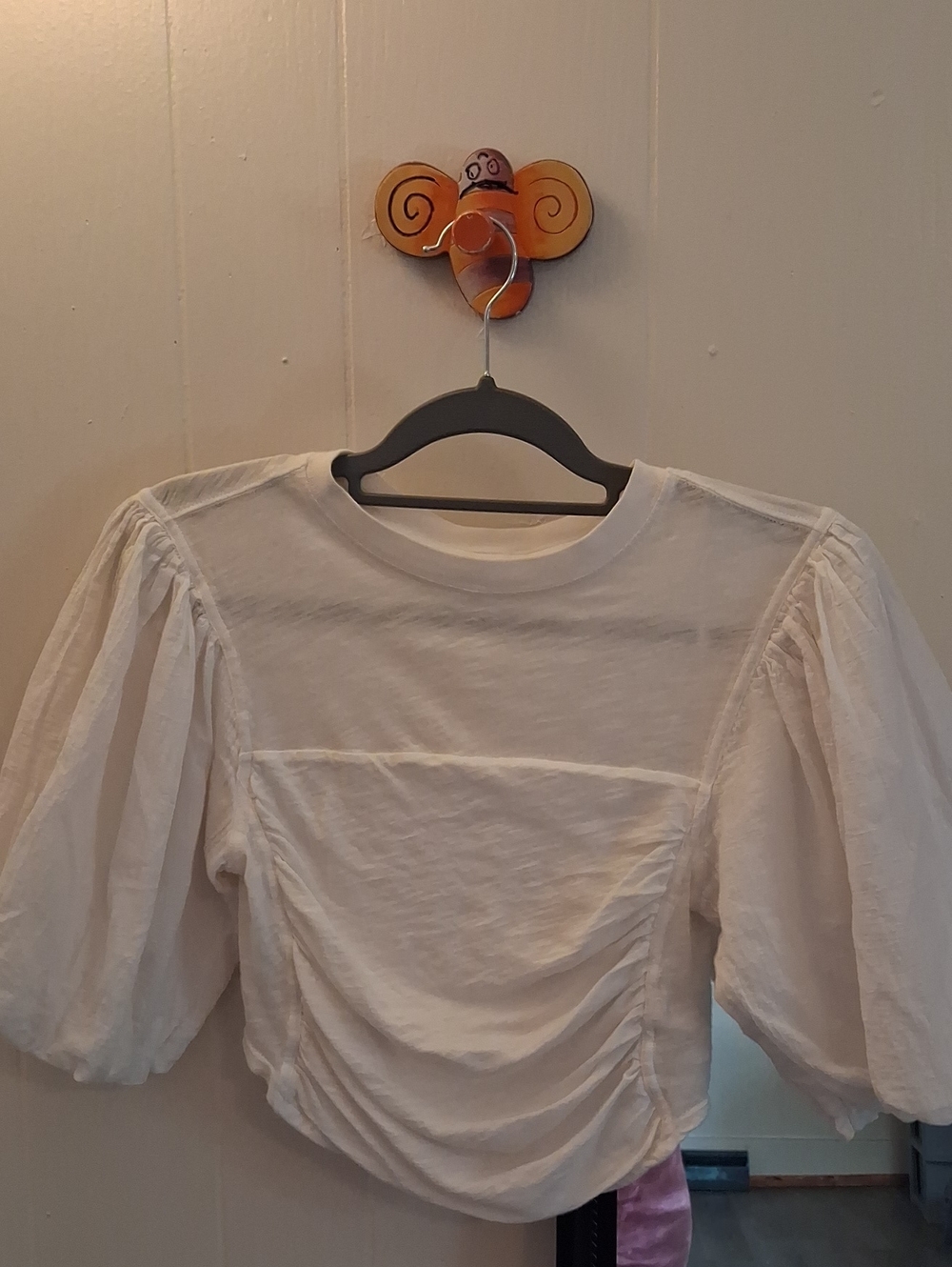 Free People White Puff Sleeve Ruched Crop Tee